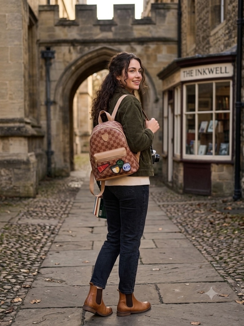 Checkered Brown Backpack with‎ Patch Details - Women